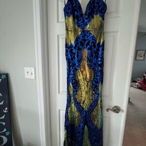 Elegant Blue and Gold Evening Gown
